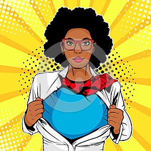 Afro american female superhero with superhero t-shirt. Vector illustration in pop art comic style.