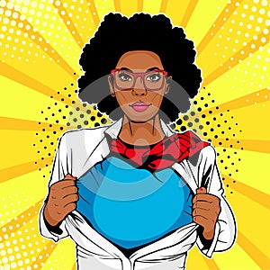 Afro american female superhero with superhero t-shirt. Vector illustration in pop art comic style. photo