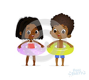 Afro American Girl and Boy in Joy Swimming Pool. Fun Summer Vacation on Sea. Character Children Birthday Party. Happy