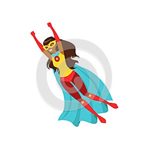 Afro american girl character dressed as a super hero flying cartoon vector Illustration