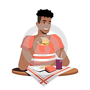 Afro-american guy eating hamburger, fries and cola