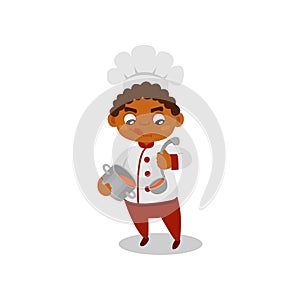 Afro-American kid holding saucepan and ladle spoon with soup. Little boy in chef uniform. Flat vector illustration