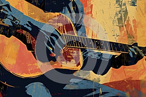 Afro-American male blues jazz guitarist musician playing an acoustic guitar in an abstract music style painting