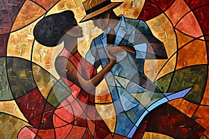 Afro- American male and female couple dancing the ballroom Calypso dance shown in an abstract cubist style watercolour oil