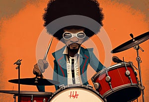Afro-American male jazz drummer musician playing a drum kit in an abstract vintage distressed style painting