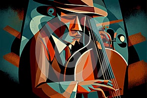 Afro-American male jazz musician bassist playing a double bass in an abstract cubist style painting