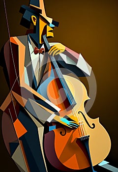 Afro-American male jazz musician bassist playing a double bass in an abstract cubist style painting