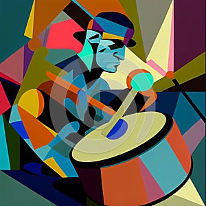 Afro-American male jazz musician drummer playing drums in an abstract geometric cubist style painting