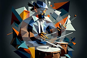 Afro-American male jazz musician drummer playing drums in an abstract geometric cubist style painting