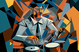 Afro-American male jazz musician drummer playing drums in an abstract geometric cubist style painting