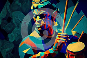 Afro-American male jazz musician drummer playing drums in an abstract geometric cubist style painting