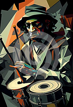 Afro-American male jazz musician drummer playing drums in an abstract geometric cubist style painting