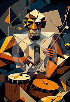 Afro-American male jazz musician drummer playing drums in an abstract geometric cubist style painting