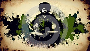 Afro-American male jazz musician drummer playing drums in an abstract vintage distressed style painting