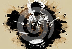 Afro-American male jazz musician drummer playing drums in an abstract vintage distressed style painting