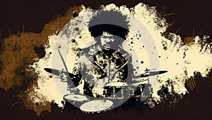 Afro-American male jazz musician drummer playing drums in an abstract vintage distressed style painting