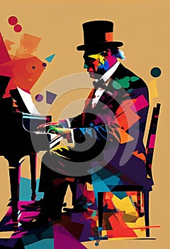 Afro-American male jazz musician pianist playing a piano in an abstract cubist style painting