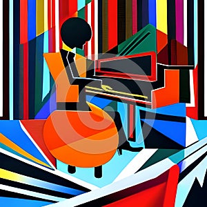 Afro-American male jazz musician pianist playing a piano in an abstract cubist style painting