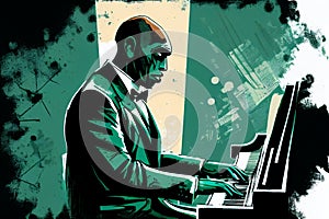 Afro-American male jazz musician pianist playing a piano in an abstract cubist style painting