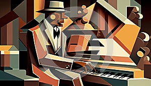 Afro-American male jazz musician pianist playing a piano in an abstract cubist style painting