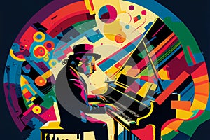 Afro-American male jazz musician pianist playing a piano in an abstract cubist style painting