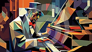 Afro-American male jazz musician pianist playing a piano in an abstract cubist style painting