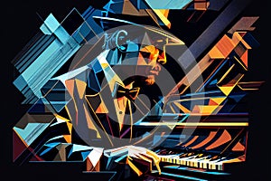 Afro-American male jazz musician pianist playing a piano in an abstract cubist style painting