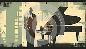 Afro-American male jazz musician pianist playing a piano in a vintage abstract distressed geometric style painting