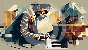 Afro-American male jazz musician pianist playing a piano in a vintage abstract distressed geometric style painting