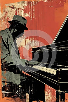 Afro-American male jazz musician pianist playing a piano in a vintage abstract distressed style painting