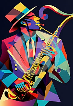 Afro-American male jazz musician saxophonist playing a saxophone in an abstract cubist style painting