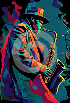 Afro-American male jazz musician saxophonist playing a saxophone in an abstract cubist style painting