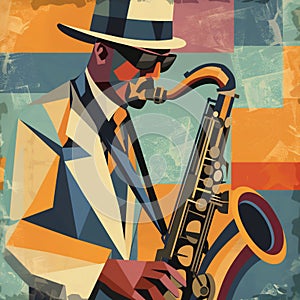 Afro-American male jazz musician saxophonist playing a saxophone in an abstract cubist style painting