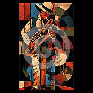 Afro-American male jazz musician saxophonist playing a saxophone in an abstract cubist style painting