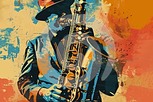 Afro-American male jazz musician saxophonist playing a saxophone in an abstract vintage distressed style painting