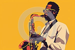 Afro-American male jazz musician saxophonist playing a saxophone in an abstract vintage distressed style painting