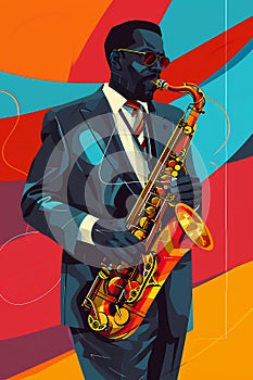 Afro-American male jazz musician saxophonist playing a saxophone in an abstract vintage distressed style painting