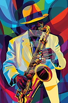 Afro-American male jazz musician saxophonist playing a saxophone in an abstract vintage distressed style painting