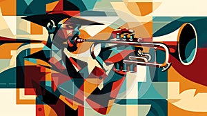 Afro-American male jazz musician trumpeter playing a brass trumpet in an abstract cubist style painting