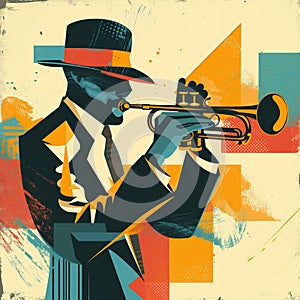 Afro-American male jazz musician trumpeter playing a brass trumpet in an abstract cubist style painting