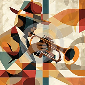 Afro-American male jazz musician trumpeter playing a brass trumpet in an abstract cubist style painting