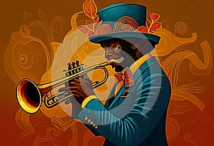 Afro-American male jazz musician trumpeter playing a brass trumpet in an abstract style painting