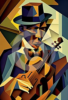 Afro-American male jazz musician violinist playing a violin or viola in an abstract cubist style painting