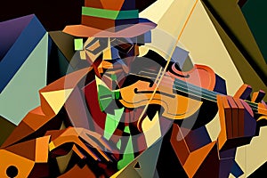 Afro-American male jazz musician violinist playing a violin or viola in an abstract cubist style painting