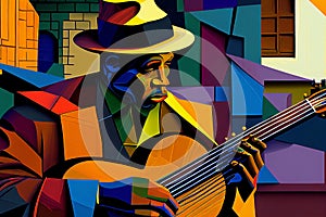 Afro-American male musician guitarist playing a guitar in an abstract cubist style painting