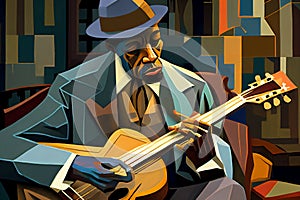 Afro-American male musician guitarist playing a guitar in an abstract cubist style painting