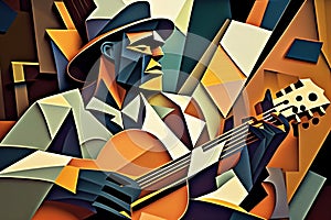 Afro-American male musician guitarist playing a guitar in an abstract cubist style painting