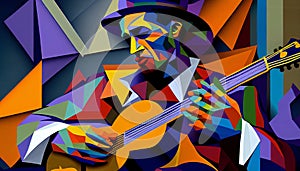 Afro-American male musician guitarist playing a guitar in an abstract cubist style painting