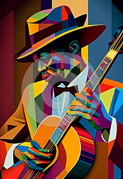 Afro-American male musician guitarist playing a guitar in an abstract cubist style painting