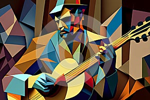 Afro-American male musician guitarist playing a guitar in an abstract cubist style painting